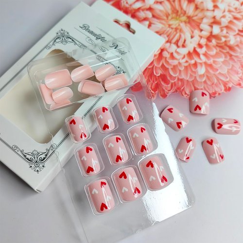 24Pcs Valentine’s Day Pink Press on Nails Short Square Acrylic Fake Nails Cute Red White Heart False Nails Glossy Full Cover Short Coffin Glue on Nails for Women Girls Valentines Artificial Nail Decor