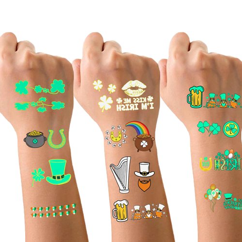 Totelux St. Patrick's Day Glow Temporary Tattoo 73pcs Luminous Shamrock Fake Tattoos Stickers Lucky Clover Hats Irish Flag Waterproof Face Body Tattoo for Festive Decoration Parade Party Supplies