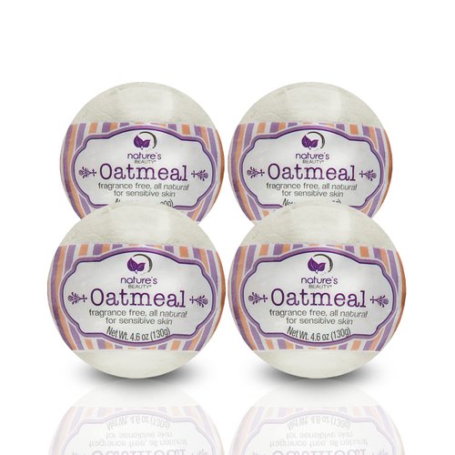 Nature's Beauty Oatmeal Fragrance-Free Bath Bomb Multi-Pack - Natural Hand Crafted, Non-Staining, Luxury Fizzy Spa Bomb, Sooth Dry + Itchy Skin Made w/Almond + Coconut Oil, 4.6 oz (4 Pack)