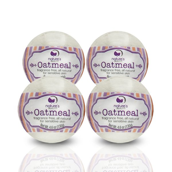 Nature's Beauty Oatmeal Fragrance-Free Bath Bomb Multi-Pack - Natural Hand Crafted, Non-Staining, Luxury Fizzy Spa Bomb, Sooth Dry + Itchy Skin Made w/Almond + Coconut Oil, 4.6 oz (4 Pack)