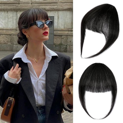 Cephermer Bangs Hair Clip 100% Real Human Hair Clip in Bangs French Fake Bangs Hair Extensions Fringe with Temples Hairpieces Wispy Curved Bangs For Women Dark Black