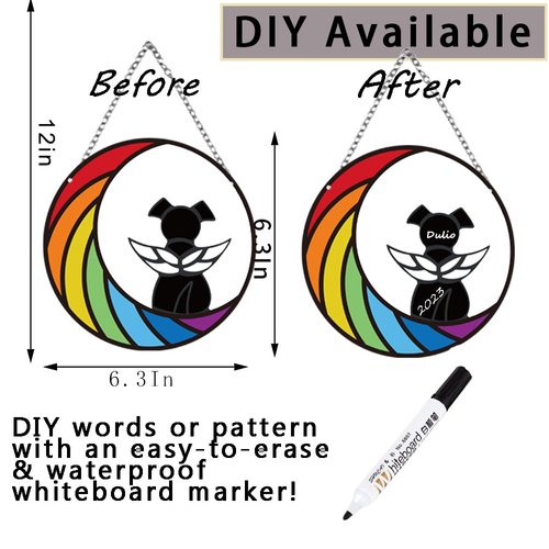 Stained Glass Dog Memorial Gifts for Loss of Dog Suncatcher, Black Angel Dog on Blue Moon Dog Beverage Suncatcher Ornaments Decor Window Wall Sympathy Gift for Dog Lover