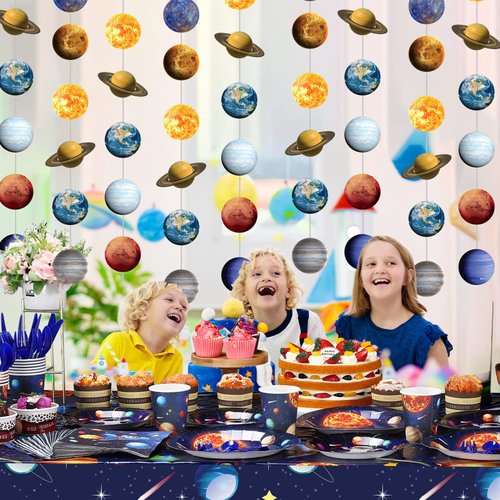 Cindeer 8 Pieces Space Hanging Decorations Solar System Planets Paper Garlands Outer Space Party Streamers Banner for Boys Girls Kids Space Themed Birthday Party Ceiling Wall Door Decor Supplies