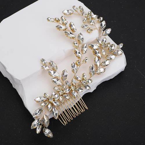 Teyglen Gold Crystal Wedding Headpiece Flower Rhinestone Bridal Hair Comb Headband Hair Accessories for Bride Handmade Crystal Hair Piece Bridal Side Comb for Women Girls (Gold)