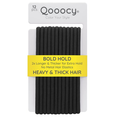 Qooocy Extra Long Hair Tie for Thick and Curly Hair - Elastic Ponytail Holders for Women or Men, No Metal Bands, Long-Lasting Braids Accessories, 12 Count, Black
