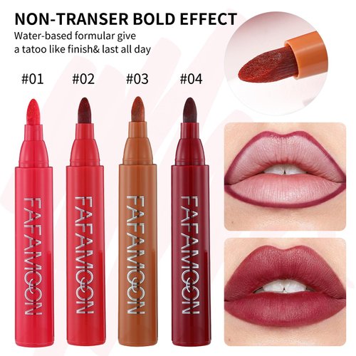 Aseawave 4Pcs Lip Stain Tip Marker Set, Hydrating and Waterproof Lip Liner Stain, Matte Color Look, Longlasting All Day Wear Lip Color, Smudge Proof Natural Finish, Precise Chisel Tip Marker