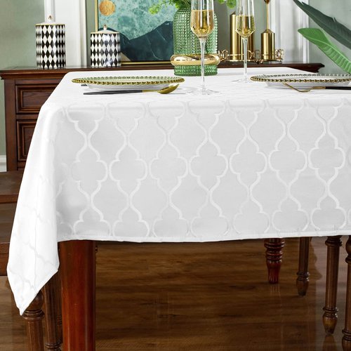 Jacquard Tablecloth Flower Patterns Polyester Table Cloth Spill Proof Wrinkle Resistant Table Cover for Kitchen Dining Tabletop Decoration (White, Rectangle/Oblong, 60" x 120" (10-12 Seats))