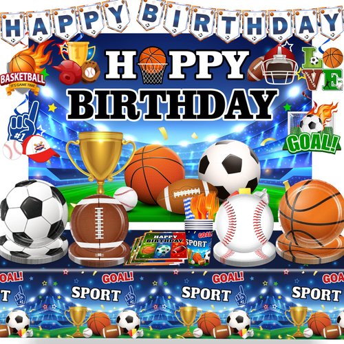 Yingoto 135pcs Sports Birthday Party Decorations Tableware Set, Sports Themed Party Decorations Includes Basketball Football Baseball Soccer Tableware Supplies, for All-Star Boy’s Birthday Decoration