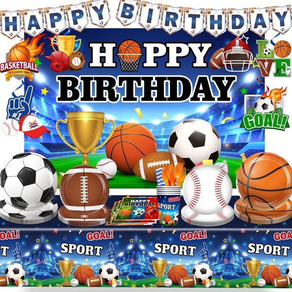 Yingoto 135pcs Sports Birthday Party Decorations Tableware Set, Sports Themed Party Decorations Includes Basketball Football Baseball Soccer Tableware Supplies, for All-Star Boy’s Birthday Decoration
