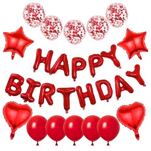 WEIKA 27 Pcs Red Birthday Decorations, 3D Foil Red Happy Birthday Balloon Banner, Pentagram Heart Foil Balloons Confetti Balloons Kit For Boys Girls Birthday Party Supplies
