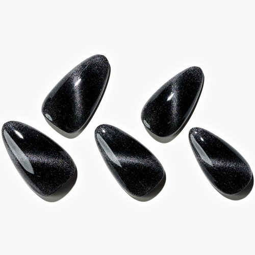 GLAMERMAID Black Cat Eye Press on Nails Medium Almond, Handmade Jelly Magnet Gel Fake Nail, Gloss Glitter Magnetic Glue on Nail Short Oval, Reusable Acrylic Stiletto Stick on False Nail Kit for Women