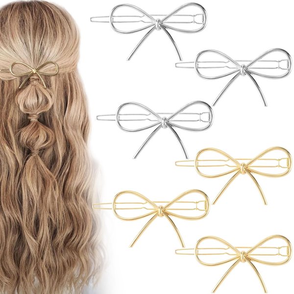 PAGOW Hair Barrettes for Women, 6pcs Metal Bow Hair Pins Hair Clips, Hair Accessories for Women Girls (Gold, Silver)