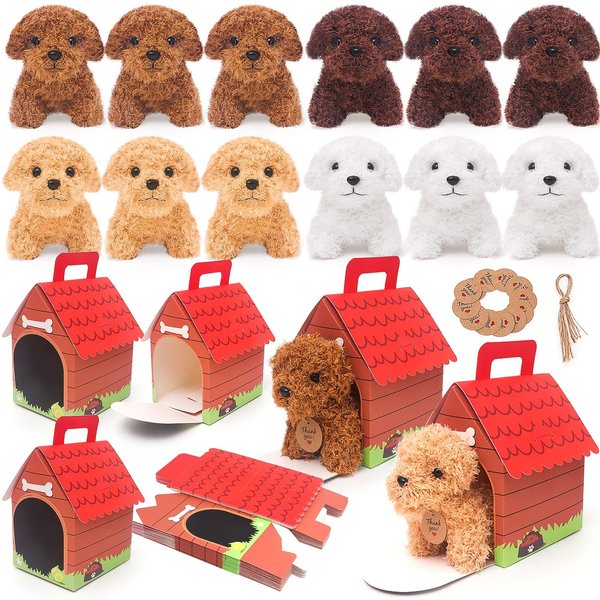 HAPGFS 12 Pcs Mini Plush Puppy Stuffed Dogs with Keychain, Curly Dog Party Favors Goodie Bags, Animals Bulk Gift Toys with Carton Dog House for Birthday Party Supplies