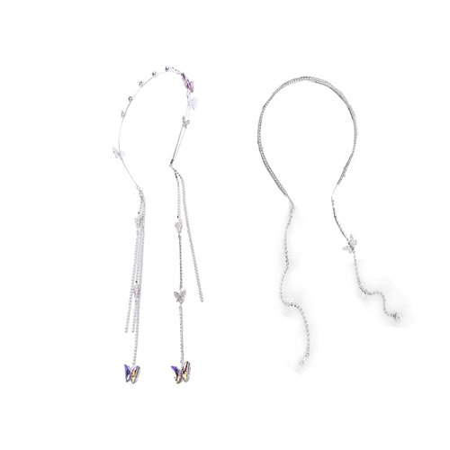 Pokinge 2 Pcs Butterfly Headband, Shinny Crystal Hair Hoop Trendy Sliver Hair Band with Tassel Temperament Wedding Hair Accessories Elegant Luxury Headwear