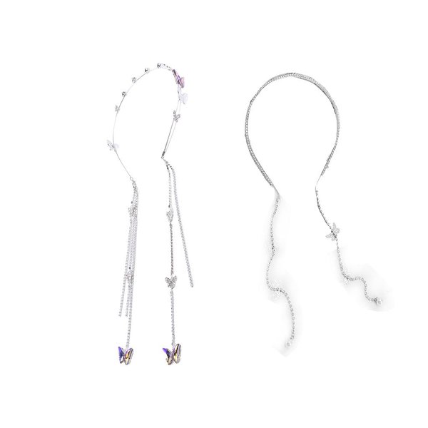 Pokinge 2 Pcs Butterfly Headband, Shinny Crystal Hair Hoop Trendy Sliver Hair Band with Tassel Temperament Wedding Hair Accessories Elegant Luxury Headwear