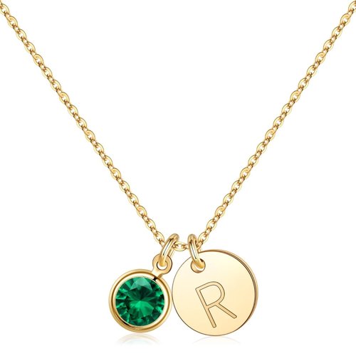 Hidepoo 14k Gold Plated Initial R Birthstone Necklace, May Emerald Necklace for Women Girls