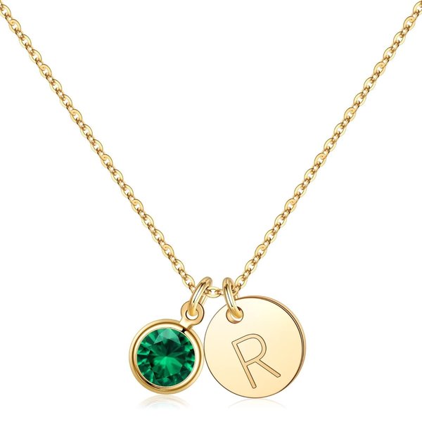 Hidepoo 14k Gold Plated Initial R Birthstone Necklace, May Emerald Necklace for Women Girls