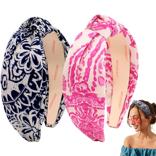 BEGOOD Headbands for Women Knotted Wide Headbands Womens Top Knot Hairband Fashion Head Bands Turban Hair Accessories for Girls 2Pcs Pink and Blue Floral