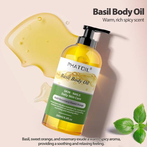 PHATOIL Basil Body Oil with Pump, 260 ml (8.8 fl.oz) Multi-Purpose Massage Oil Body Oils, Blends of Natural Plant Oils and Essential Oils, Great for Skin Care