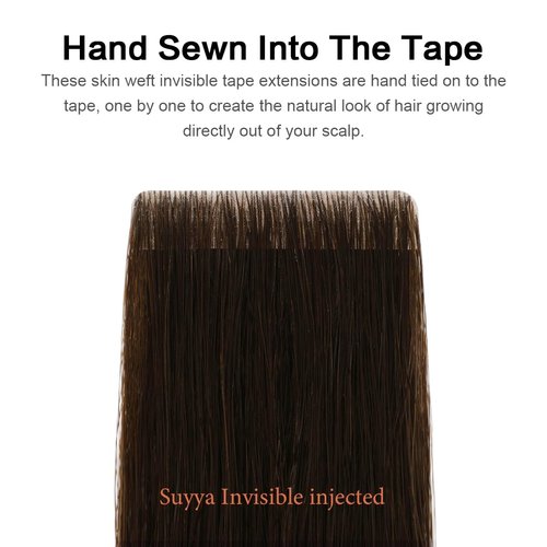 SUYYA Invisible Tape in Hair Extensions Human Hair Darkest Brown Seamless Injected Hand-Tied Pro Quality Virgin Human Hair 20PCS 40G/Pack Straight Tape Ins(16 inch #2 Darkest Brown)