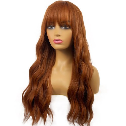 MIMISERVICE 24inch Long Auburn Wavy Wigs with Bangs,Auburn Wavy Curly Wigs for Women,Silky Full Heat Resistant Synthetic Wig for Daily Party Use