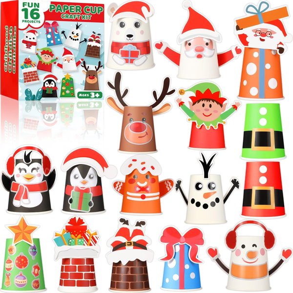 ZOIIWA 16 Pack Christmas Arts and Crafts Create Your Own Christmas Crafts Using Cups Christmas Theme Craft DIY Kit Xmas Holiday Paper Cup Art Kit Xmas Art Supplies