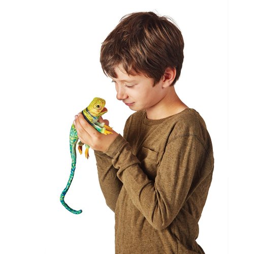 Folkmanis Mini Collared Lizard Finger Puppet, Green, Brown, Yellow, Black