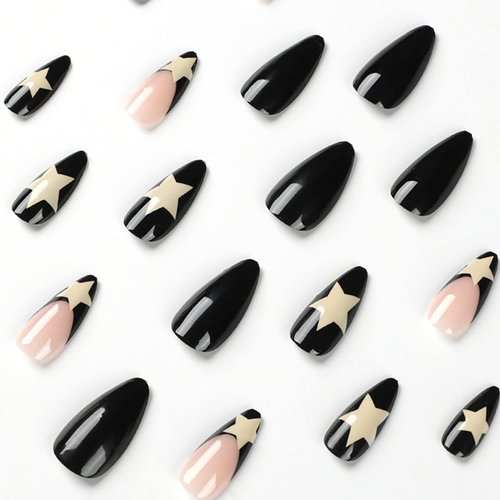 IMSOHOT Long Almond Press on Nails French Black Fake Nails Stiletto Star False Nails with Designs Y2K Glue on Nails Glossy Full Cover Acrylic Nails for Women 24PCS