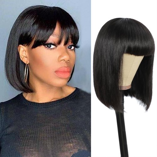 Adette Human Hair Bob Wig, Brazilian Straight Human Hair Wigs With Bangs, 150% Density None Lace Front Wigs Glueless Machine Made Wigs For black Women (8", Natural Black)