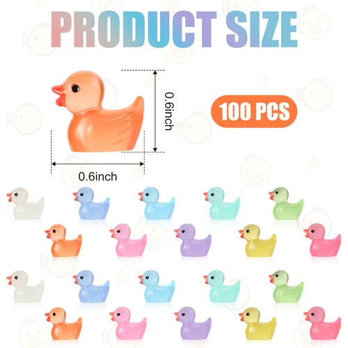 TOYMIS 100 Pack Mini Luminous Resin Ducks for Crafts, Colorful Tiny Ducks Glow in The Dark Miniature Figures for Aquarium Garden Landscape Dollhouse Ornament Potted Decorations DIY