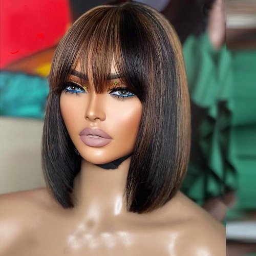 QuinluxWigs Short Bob Human Hair Highlight Wigs with Bangs Ombre 1B/30 Color 13X4 HD Transparent Lace Front Wigs Brazilian Human Hair 8 inch Glueless Wigs for Black Woman 150% Density Bangs Wig