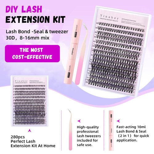 Yinaber Lash Extension Kit DIY 280pcs Individual Lash Clusters Kit 30D Curl 8-16mm Mix Cluster Eyelash Extension Kit with Lash Bond and Seal and Lash Tweezers for Self (30D-0.07D-8-16Mix KIT)