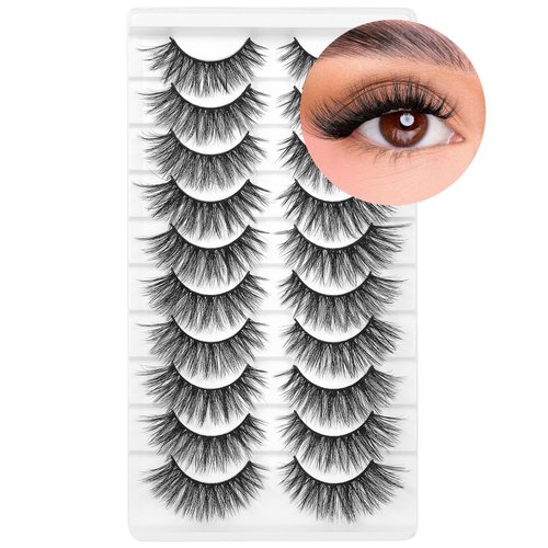 Fox Eye Lashes, Fluffy Strip Eyelashes, Natural Look Wispy Lashes 10 Pairs Wispy Fake Eyelashes Pack (8-20mm)