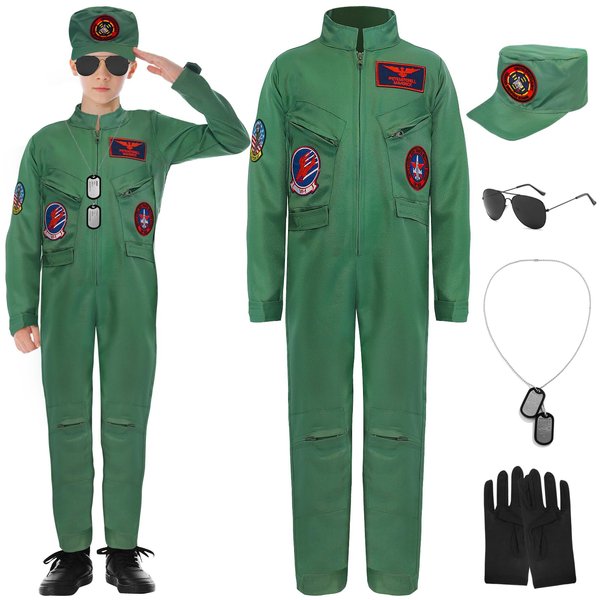 Fighter Pilot Costume for Boys Girls Air Force Flight Suit Halloween Cosplay Dress up with Aviator Accessories Set