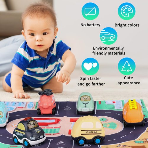 Baby Car Toy for 1 Year Old Boy, Push and Go Cars Toy with Play Mat/Storage Bag for Toddlers Toys Age 1-2,Baby Toys 12-18 Months,1 Year Old Boy Christmas Birthday Gift for Infant Toddlers (6)