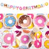 Donut Birthday Party Supplies, Serves 16, Includes Plates, Cups, Napkins, Cutlery, Banner and Tablecloth, for Donut Themed Baby Birthday Decoration, Disposable Tableware Party Pack for Girls and Boys