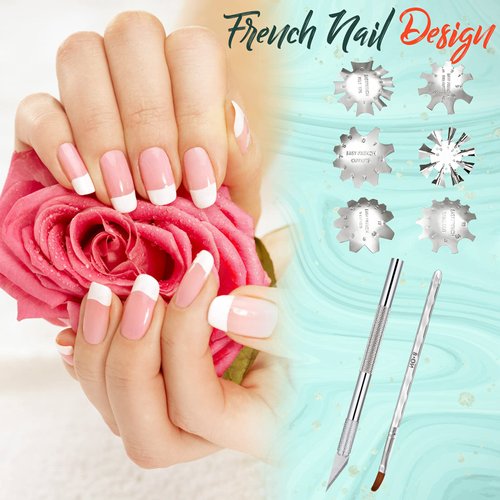 8 Pieces Acrylic Nails Tool Set, Include 6 Pieces French Nail Trimmer Stainless Steel French Tip Cutters Smile Line Cutter, Acrylic Nails Brush, French Tip Cutting Knife with 5 Spare Blades (Silver)
