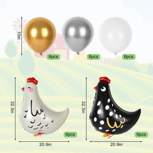 JarThenaAMCS 30Pcs Walking Chicken Balloons White Black Animal Foil Balloons Funny Farm Hen Balloon Kit for Pet Farmhouse Party Decor Backdrop Supplies