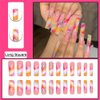 DOCVOEOMH Press on Nails Long Square French Colorful Acrylic Fake Nails with Rhinestones Design Glue on Glossy Full Cover Artificial Gel False Stick on Nail for Girls Women Wedding Manicure 24Pcs