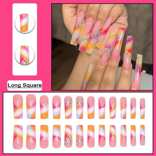 DOCVOEOMH Press on Nails Long Square French Colorful Acrylic Fake Nails with Rhinestones Design Glue on Glossy Full Cover Artificial Gel False Stick on Nail for Girls Women Wedding Manicure 24Pcs