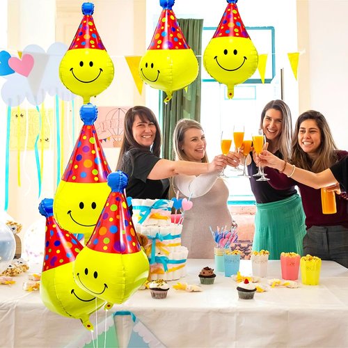 Unique 4D Happy Emoticons With Hat Balloons Smile Face Helium Balloons, 6 Pack Cute Cartoons Movie Character Smile with Party Hat Foil Mylar Balloons For Kids Birthday Decoration Party Supplies