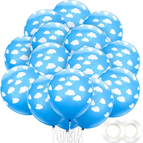 100 Pieces 12 Inch Blue Cloud Latex Balloons with 2 Rolls Plastic Ribbons Mid Blue with Clouds Matte Balloons for Boys Girls Birthday Party Baby Shower Decoration (Style 1)