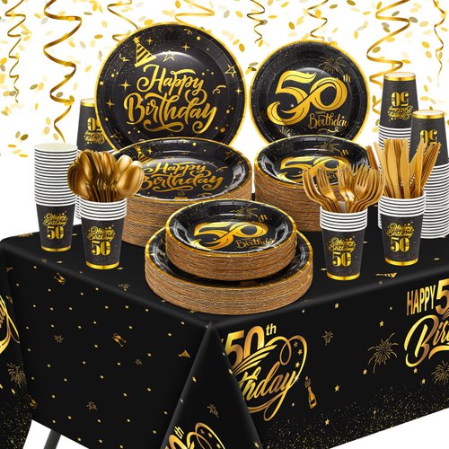 Yaomiao 146 Pcs 50th Birthday Party Decorations 50th Happy Birthday Tableware 40th Birthday Disposable Tablecloth, Paper Cup, Plates Set for 24 Guests Women Men 50th Birthday Party Supplies