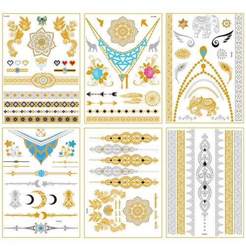 Metallic Gold Henna Temporary Tattoos 80+ Mandala Tattoos Flowers, Mandalas, Elephants Waterproof Nontoxic Long Lasting for Beach, Festivals, & Parties