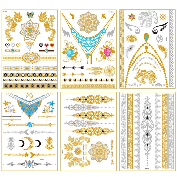Metallic Gold Henna Temporary Tattoos 80+ Mandala Tattoos Flowers, Mandalas, Elephants Waterproof Nontoxic Long Lasting for Beach, Festivals, & Parties