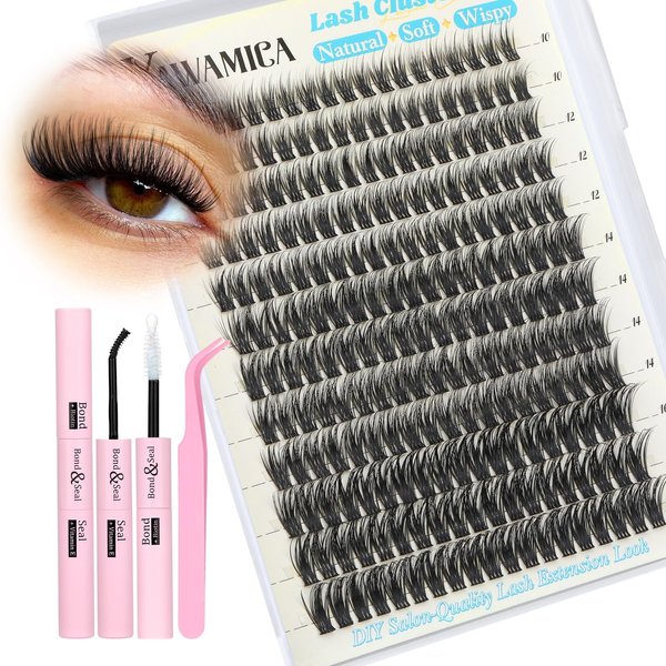 Yawamica Lash Extension Kit Wispy Lash Clusters Kit 10-16mm Eyelash Extension Kit Curl Eyelash Clusters 228pcs Individual Lashes with Waterproof Lash Bond and Seal Lash Tweezers for Wispy Hybrid Look