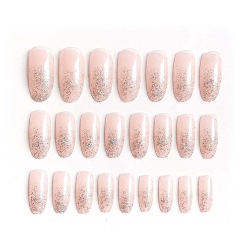 DANMANR Bling Press on Nails Almond Fake Nails Artificial Medium Lengh Nails Acrylic Nude False Nails for Women and Grils