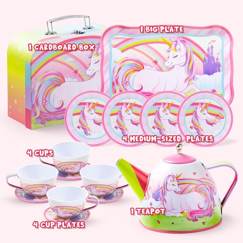 JOYIN Unicorn Tea Set for Toddlers Tea Party Set for Children Kids Pretend Role Play Tin Teapot Set with Cups, Plates and Carrying Case Kitchen Toy for Little Girls Birthday Gifts Age 3 4 5 6