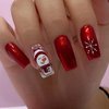 Christmas Press on Nails Cute Snowman Snowflake Design Fake Nails Glossy Red Solid Color False Nails with Glue on Nails Medium Square Artificial Nails Reusable Stick on Nail for Women Holiday Manicure