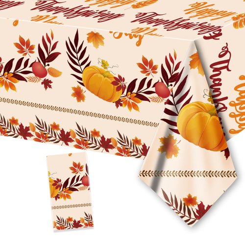 ORNACELE 1PC Thanksgiving Fall Tablecloth Disposable - 108" × 54", Fall Table Cloth Autumn Harvest Pumpkin Leaves Tablecover Plastic Rectangle Table Cover for Dinner Party Decor